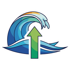 Obraz premium Tsunami evacuation map icons with a large wave and an upward arrow, signifying a safe route to higher ground during a natural disaster