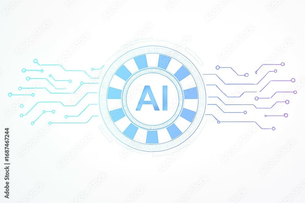 Poster abstract digital illustration of artificial intelligence with glowing circuit board patterns and the