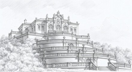 Obraz premium Detailed Castle Sketch An elegant historical estate on a terraced hill. Grand staircases and classical architecture create a majestic, timeless drawing