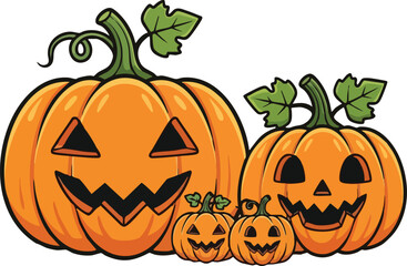 A group of cartoon pumpkins with carved faces for halloween decoration
