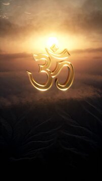 A Sanskrit script symbol of the word om or aum animation gold style over a sunset landscape