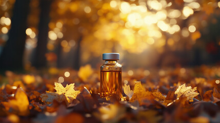 Golden fragrance bottle rests among autumn leaves in a serene forest, capturing the beauty of nature at sunset