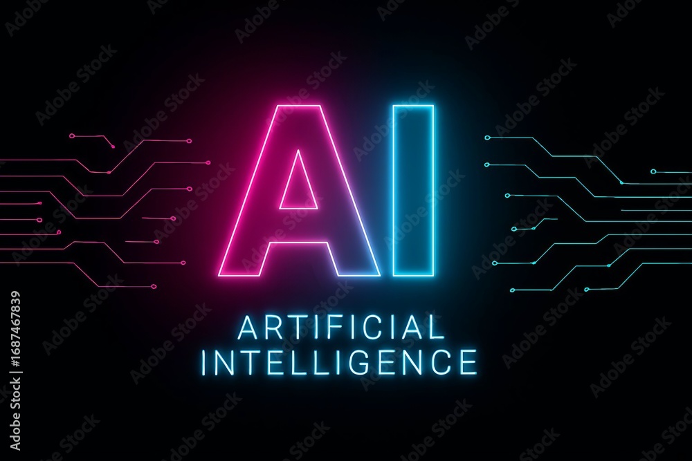 Poster glowing neon ai artificial intelligence text with circuit board background in pink and blue