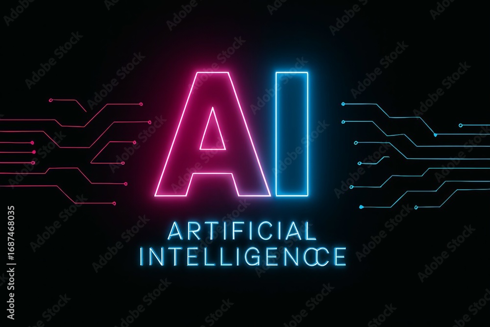 Poster glowing neon ai artificial intelligence text and circuit board pattern on dark background