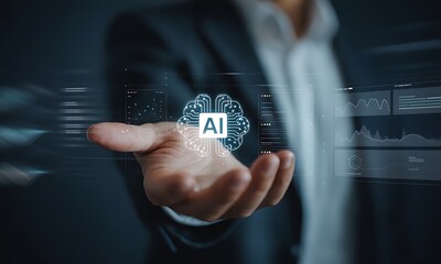 Business professional holding virtual AI brain graphic with data analytics dashboards, ideal for technology, innovation, and artificial intelligence concepts