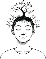 Black and white line art of a person with a tree growing out of their head, symbol of imagination, minimal doodle style vector 2