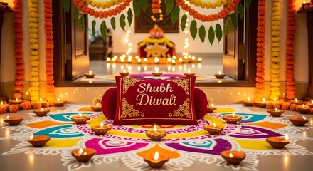 Obraz premium Traditional Shubh Diwali Decoration with Colorful Rangoli, Lit Diyas, Marigold Flowers and Festive Lights in Indian Home Celebration