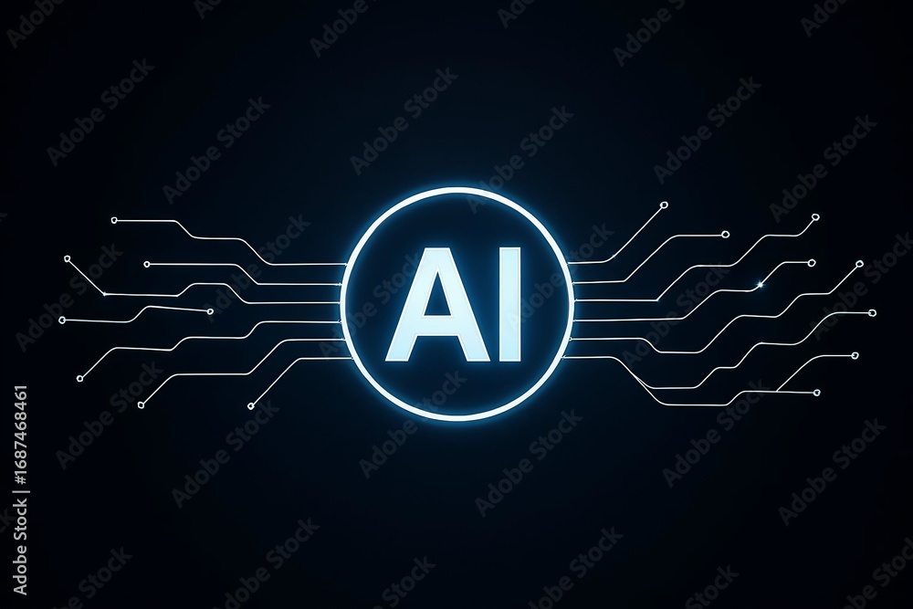Poster glowing ai logo with futuristic digital circuit board patterns on a dark background