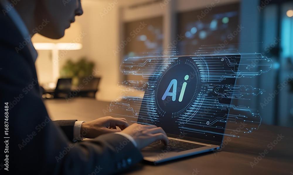 Poster business professional using laptop with ai digital interface, ideal for showcasing artificial intell