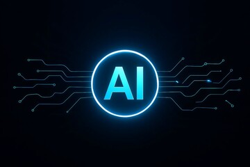 Futuristic glowing blue neon ai logo on a dark circuit board background representing artificial intelligence technology