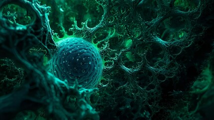 Microscopic view of a vibrant blue cell in green organic background