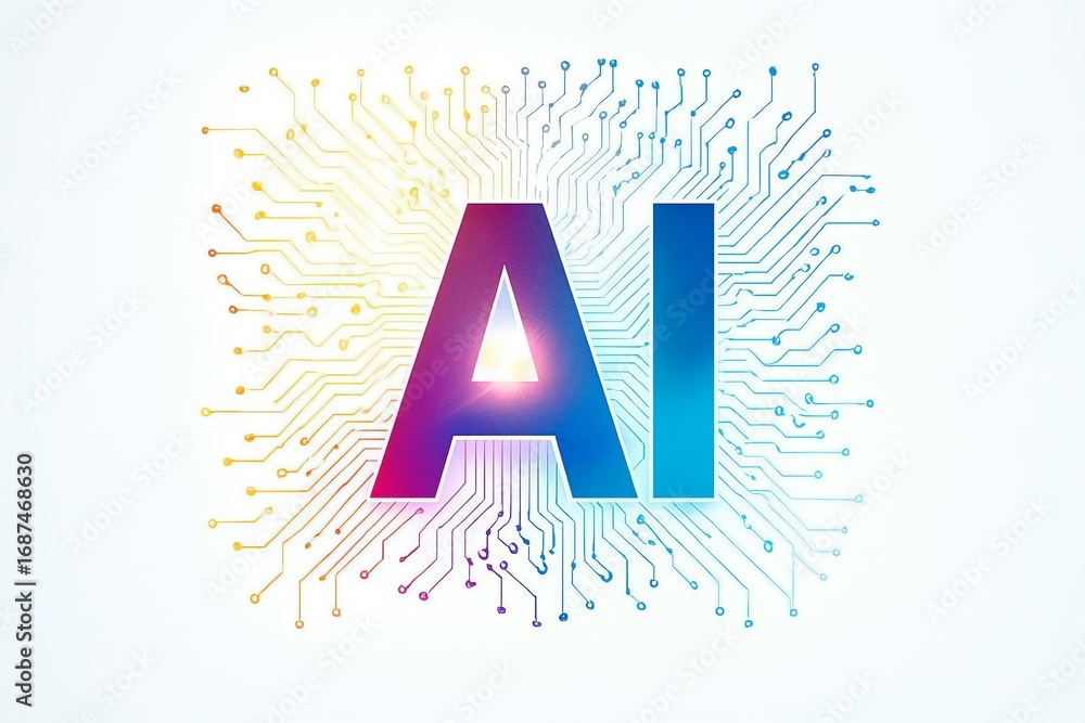 Poster abstract ai logo with colorful gradient letters on a circuit board background symbolizing artificial
