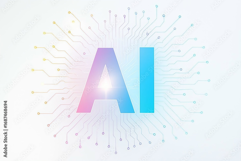 Poster abstract ai logo with glowing gradient letters and digital circuit board background