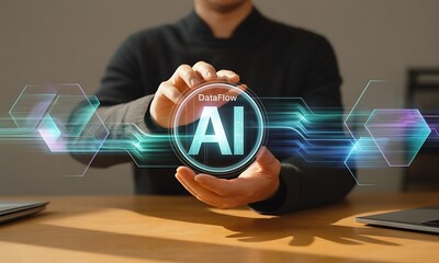 Business professional holding AI data flow hologram with futuristic digital interface, ideal for illustrating artificial intelligence innovation and technology solutions