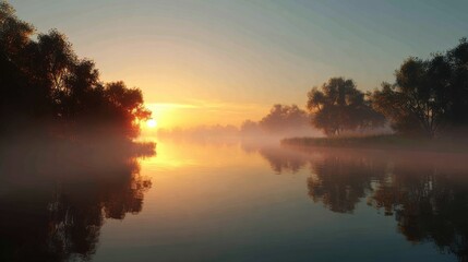 misty morning lake sunrise