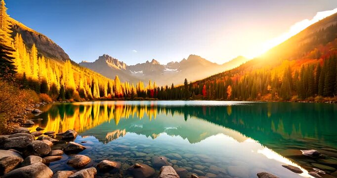 Majestic mountain lake landscape at sunrise, crystal clear water and vibrant autumn colors, serene