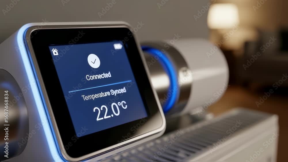 Poster detailed view of thermostat radiator valve screen displaying successful connection and temperature s
