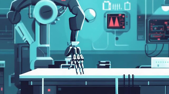 Robotic arm performing medical task in futuristic operating room