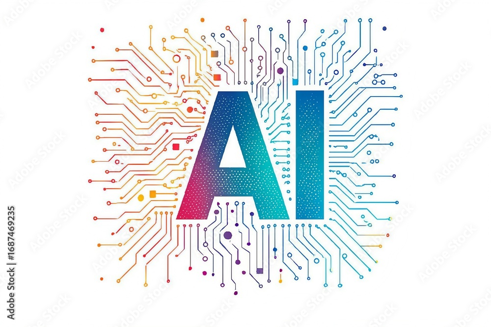 Poster abstract ai symbol with colorful digital circuit board background representing artificial intelligen