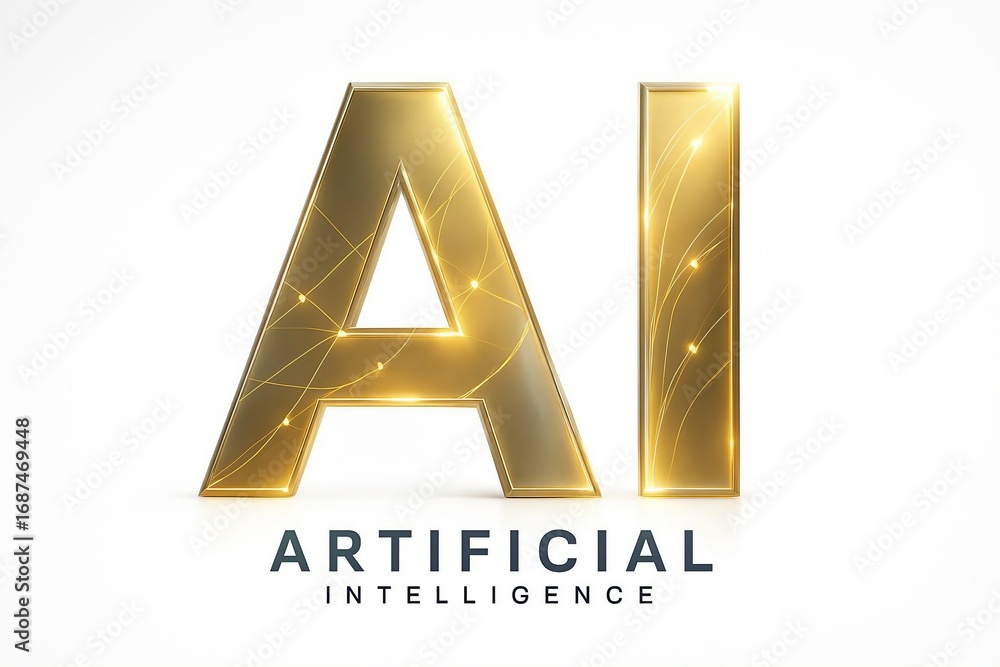 Poster golden ai letters with sparkling particles and the words artificial intelligence below