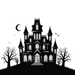 Obraz premium Silhouette of a haunted mansion on a hill with a crescent moon
