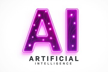 Glowing neon letters ai artificial intelligence text with light bulbs on white background