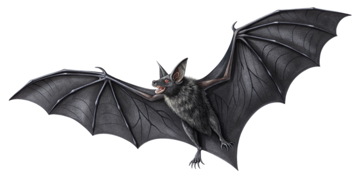 Detailed realistic bat with spread wings isolated on transparent background