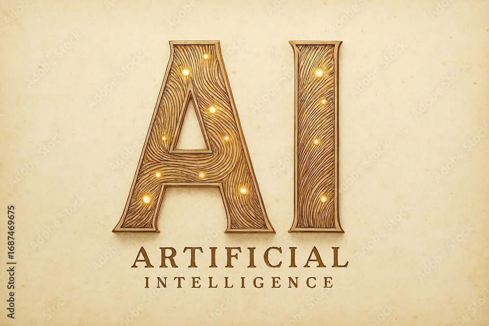 Poster golden artificial intelligence text with intricate patterns and glowing lights on a soft background