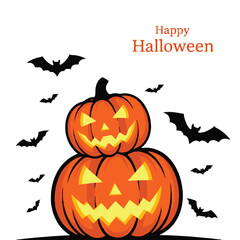Two stacked jackolanterns with bats and happy halloween text