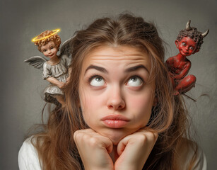 Young confused woman choosing between right and wrong, little devil statue sitting on her left shoulder and little angel statue sitting on her right shoulder
