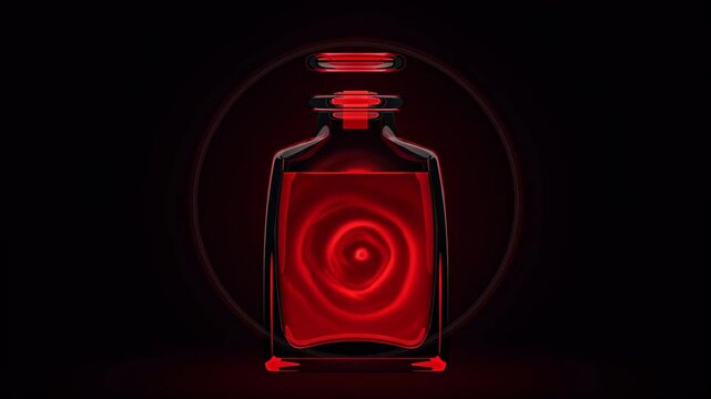 Glowing red potion bottle with swirling liquid on black backdrop. Fantasy, magic, Halloween, and mystical designs