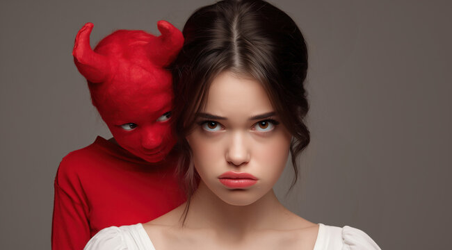 beautiful young brunette woman, little red devil behind her, whispering into her ear