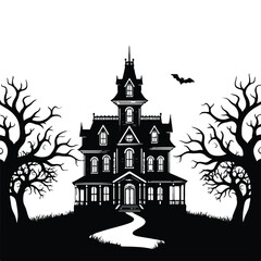 Obraz premium Silhouette of a large haunted mansion with bare trees and a bat