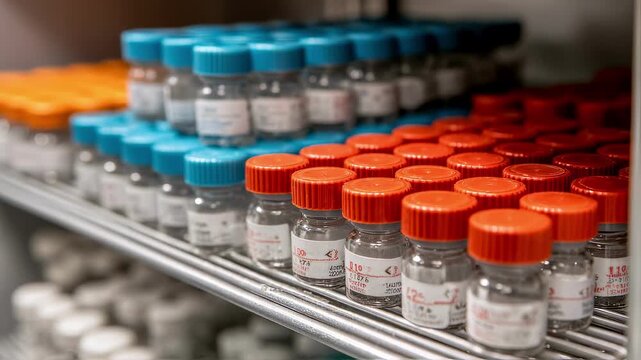 Medium shot of peptide vials stacked neatly inside a refrigerated shelf emphasizing cold storage crucial for peptide stability in advanced research.