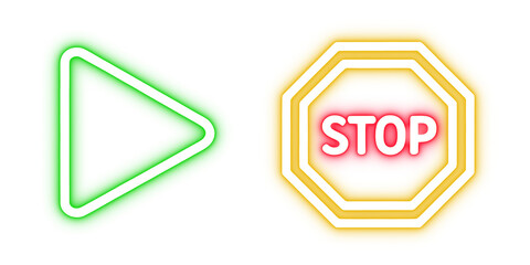 Neon glowing play and stop button icons isolated on transparent background design PNG
