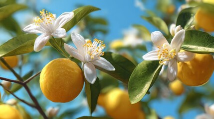 closeup citrus blossoms with ripe fruit green leaves on tree branch white flowers with yellow stamens vibrant yellow lemons in sun agriculture eco organic farm fresh fruit harvest