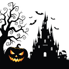 Spooky haunted castle with bats and dead tree isolated on white background