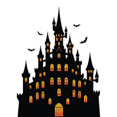 Silhouette of a dark, spooky castle with glowing windows and bats isolated on white background