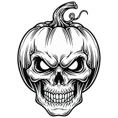 Scary skull carved into a pumpkin for halloween isolated on white background