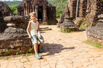 European family, visiting My Son Sanctuary, national heritage sightseeing in Vietnam, tourist...