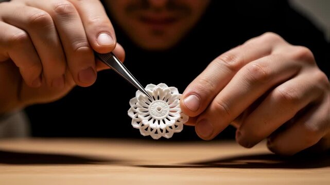 Artisan inspecting the symmetry and positioning of a 3Dprinted rosette before final securing reflecting attention to detail.