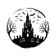 Haunted castle and graveyard with bats and dead trees