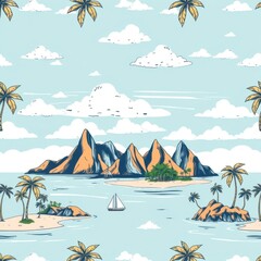 Idyllic tropical island paradise with majestic mountains and a sailboat on a clear blue ocean