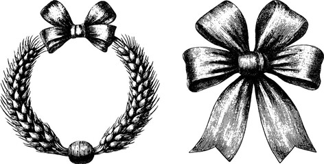Vintage hand drawn engraving of wheat wreath and bow collection for decorative design