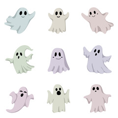 Cute multicolored ghosts flying Halloween concept. Haunted boo spooky demons set design isolated vector illustration