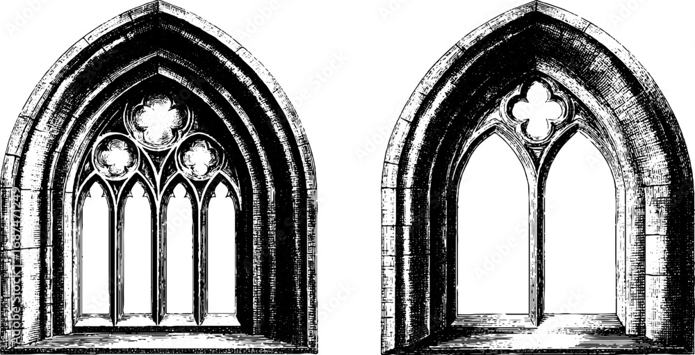 Poster gothic architecture engraved illustration set featuring arched windows for design and craft projects