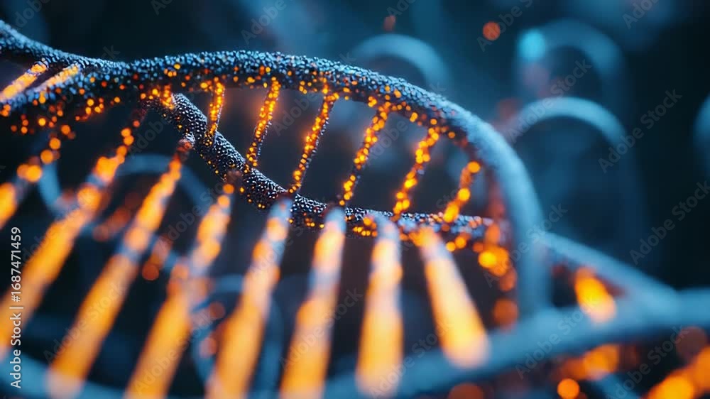 Aufkleber dna helix rotating in a microscopic environment with glowing particles