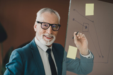 Confident senior businessman illustrating a strategy diagram on a transparent board in an office...