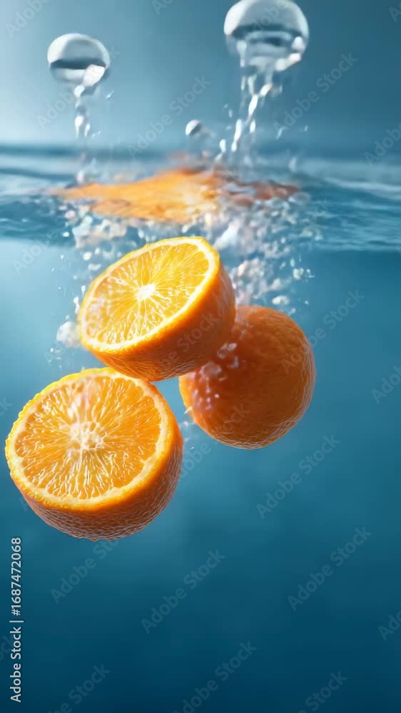 Poster bright orange segments slowly sinking underwater, generating refreshing splash with bubbles against 