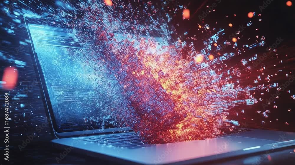 Aufkleber digital data exploding from laptop screen, transforming into abstract structure